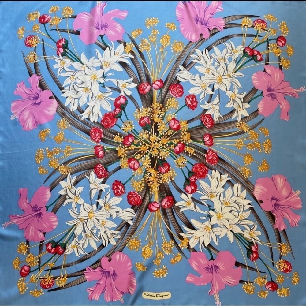 Salvatore Ferragamo Blue and Pink Floral Silk Scarf - Picture 9 of 15